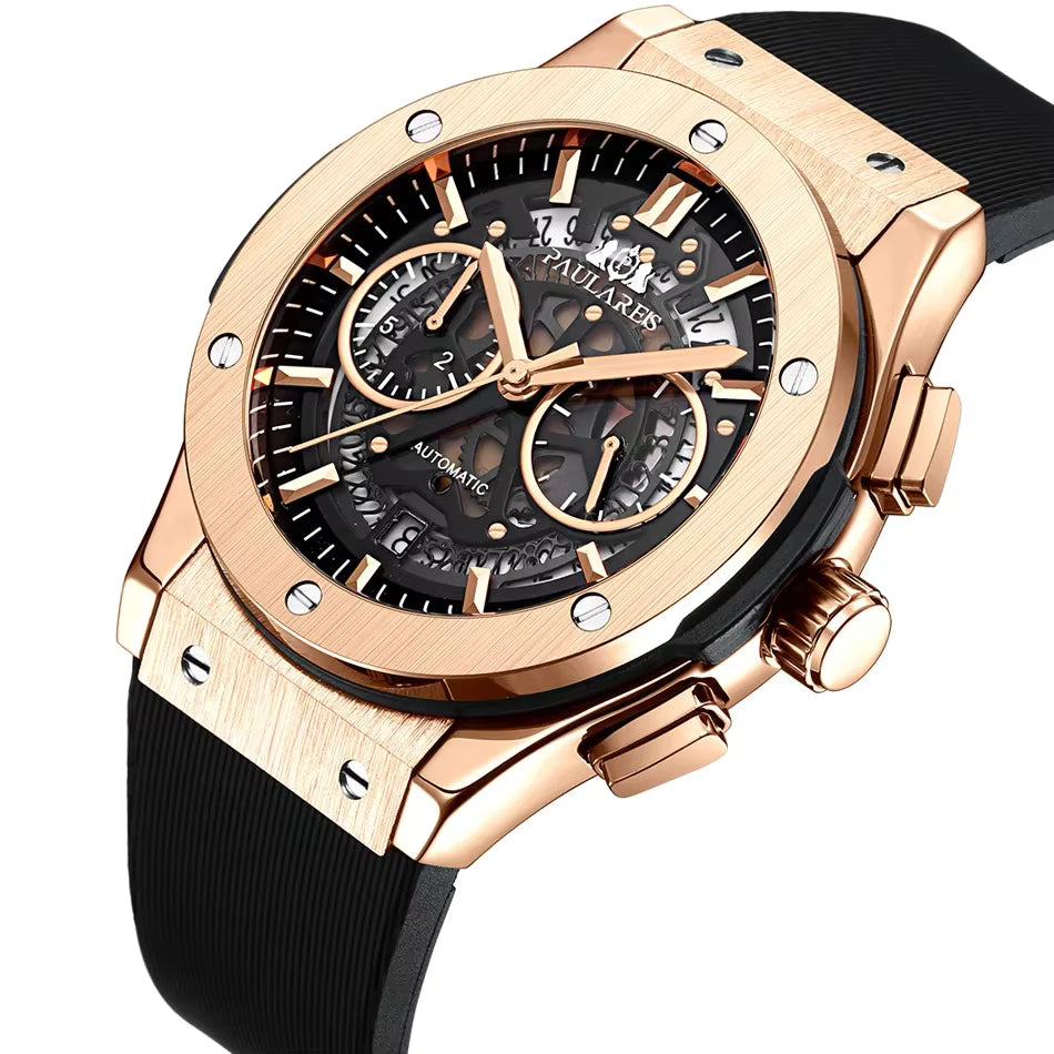 Paulareis Automatic Mechanical Rubber Band Multi-Function Running Seconds Timing Rose Gold Men's Quartz Watch