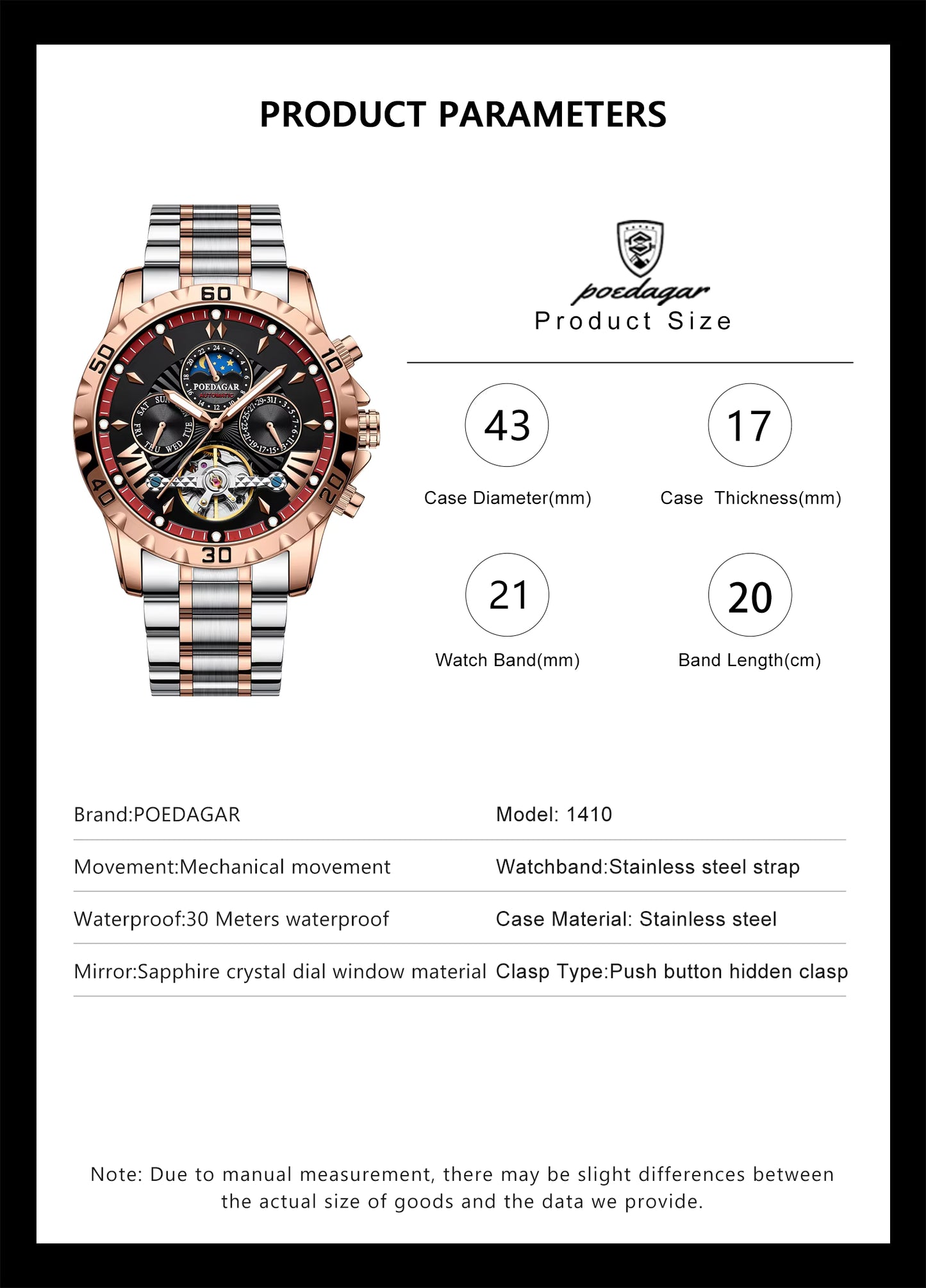 POEDAGAR 1410 Casual Mechanical Automatic Movement Men Watch Wrist Tourbillon Stainless Steel Belt for Male's Clock Moon Phase