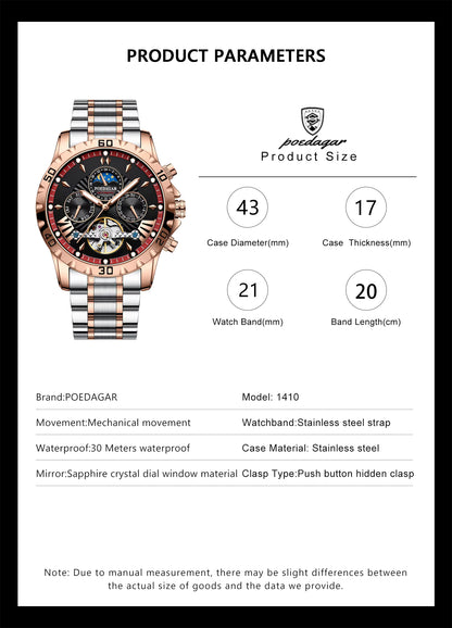 POEDAGAR 1410 Casual Mechanical Automatic Movement Men Watch Wrist Tourbillon Stainless Steel Belt for Male's Clock Moon Phase
