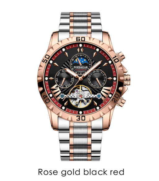 POEDAGAR 1410 Casual Mechanical Automatic Movement Men Watch Wrist Tourbillon Stainless Steel Belt for Male's Clock Moon Phase